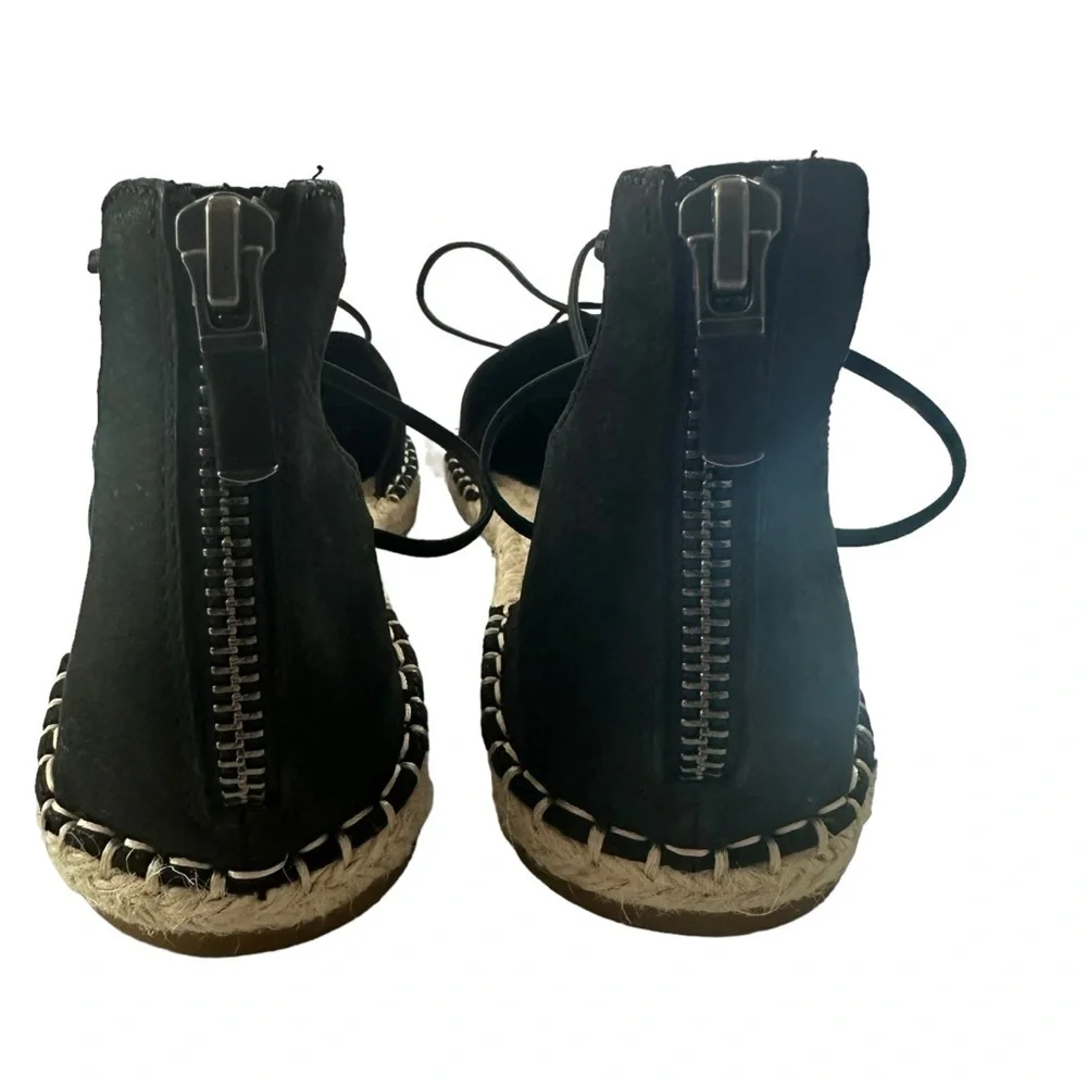 Eileen Fisher Black Leather Espadrille Lace-Up Flats Jute Sole 7 NWOB